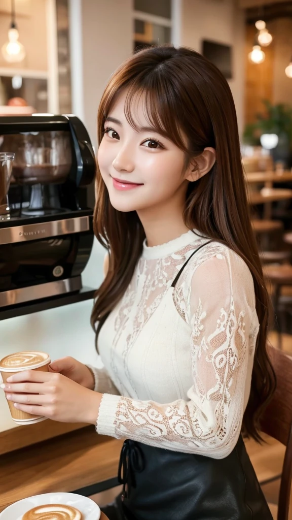 Korean woman with long reddish-brown hair smiles warmly while sitting in a cozy, modern café. She is dressed in a delicate white lace top, exuding a relaxed yet stylish vibe. The café background features soft lighting, a coffee machine, and cups arranged neatly, creating a warm and inviting atmosphere. The setting suggests a peaceful and intimate moment, with a casual and friendly ambiance. The woman’s outfit and posture are elegant yet casual, enhancing the overall aesthetic of a trendy urban café scene.