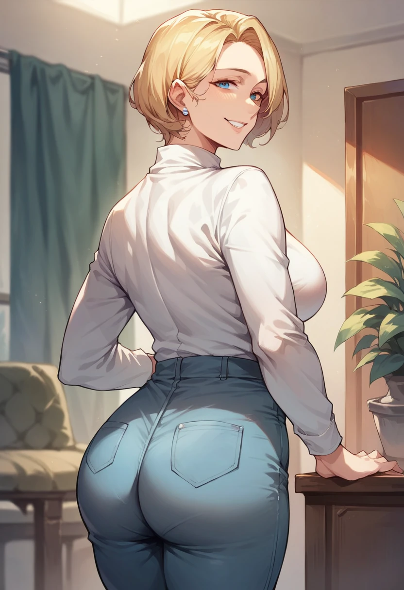 score_9, score_8_up, score_7_up, score_6_up, milf, straight hair, short hair, blonde hair, blue eyes, white shirt, long sleeves, pants, indoors, standing, looking at viewer, smile,ass