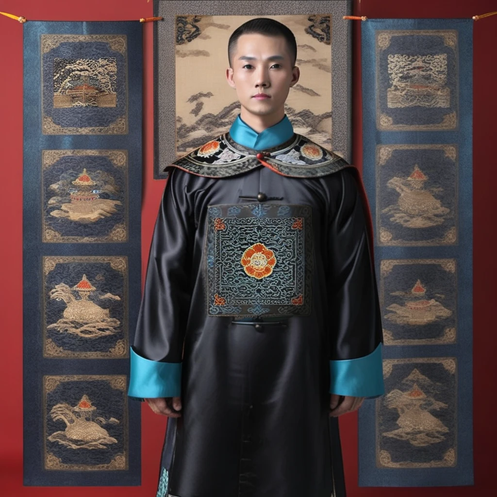 handsome male,look at viewer,full body, chinese mandarin court necklace beads,auspicious cloud pattern embroidery pants,chinese qing dynasty official first grade military officials uniform, 