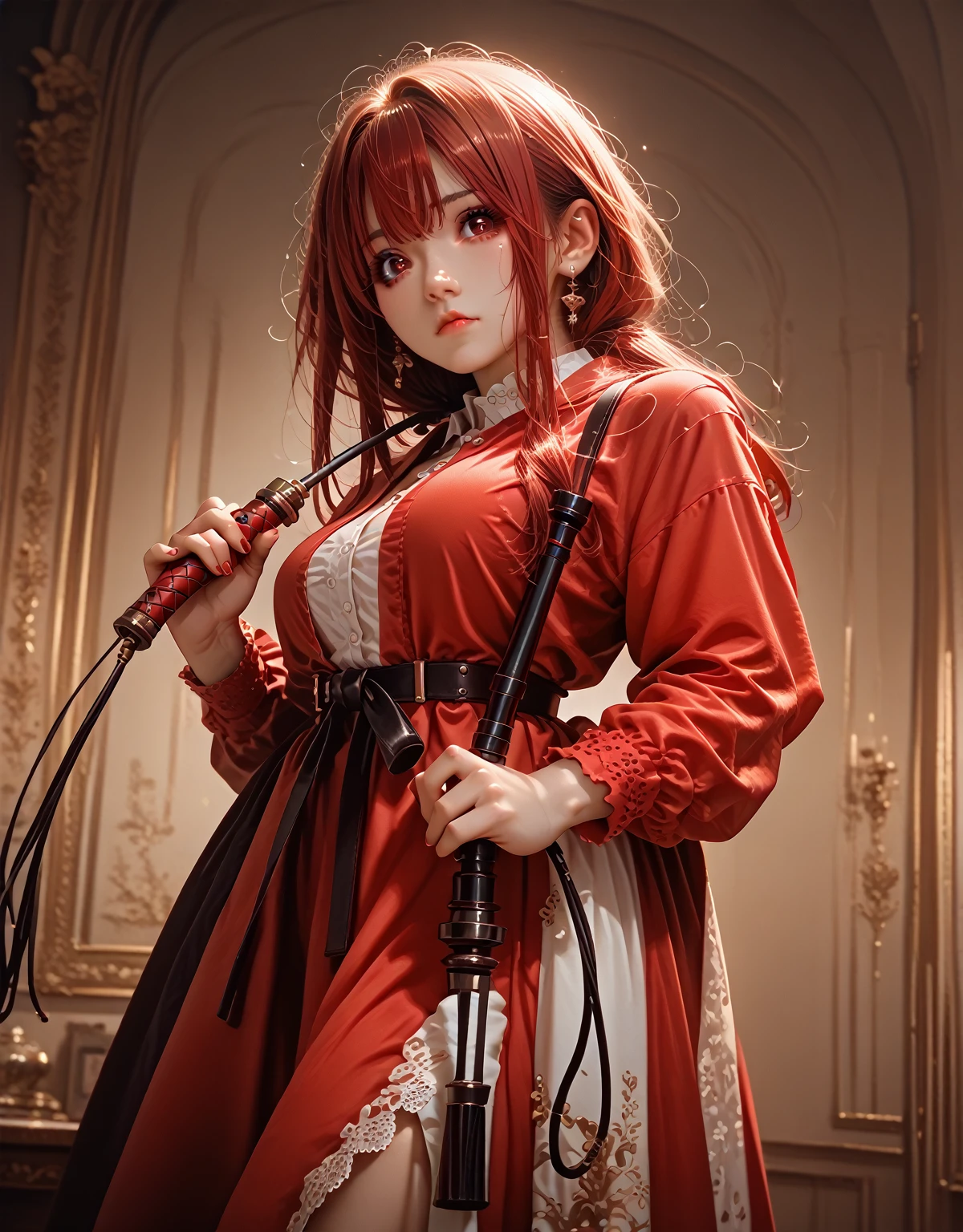 A busty and buttock sucubu red movie red eyes with very bright red clothes a little revealing clutching a whip looking at you sensual