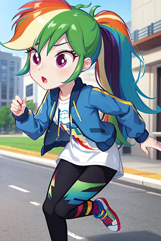 1girl_with_long_rainbow_hair_ponytail_purple_eyes_c_cup_unbutton_blue_jacket_tight_white_shirt_black_pants_blue_shoes_facing_viewer_running_sprinting