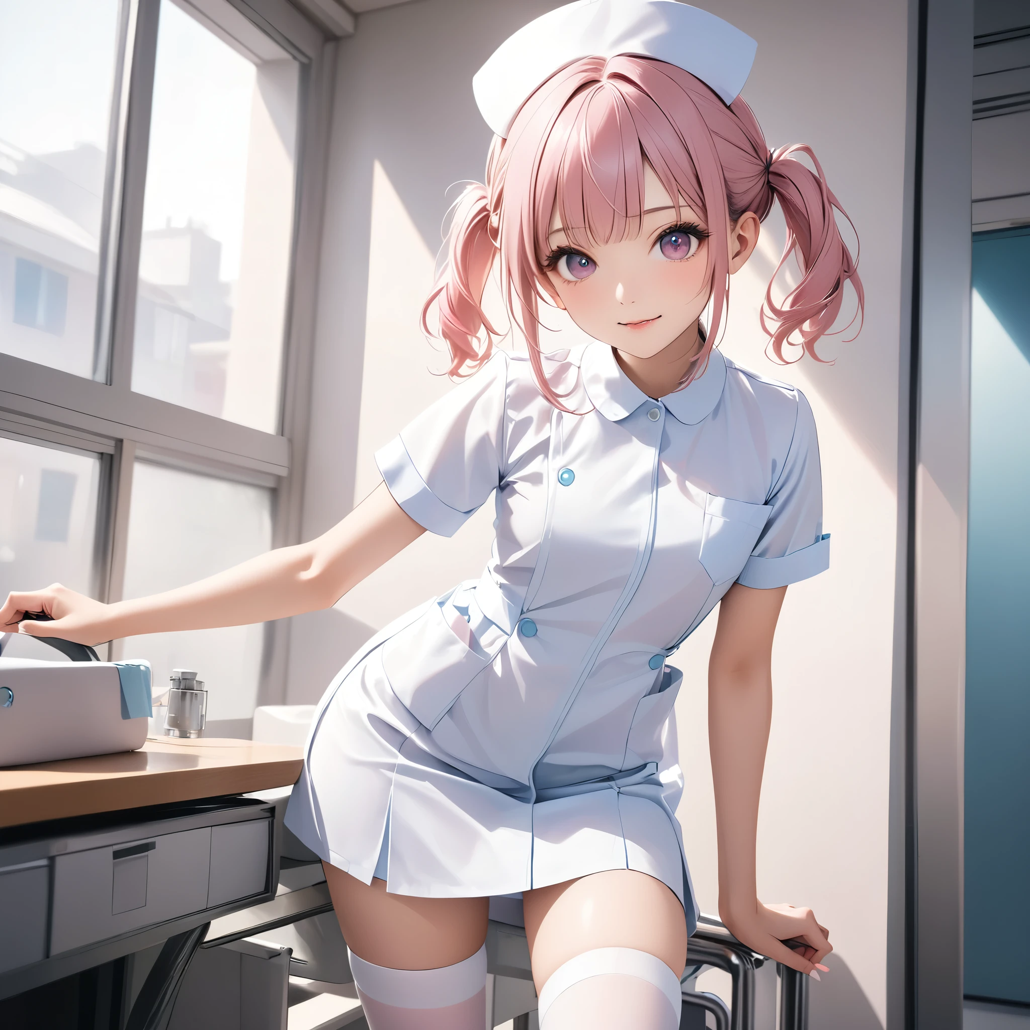 ((Nurse uniform,  stockings:1.3)), skinny, Alone, 1 female, masterpiece, Best Quality, Best Quality, 16k,  show her panties under her unbelievably absurd ,  very detailed , 2.5D, AI-generated, Delicate and dynamic, Very delicate appearance, Delicate eye depiction,  erotic , only  sexy woman, ((A cute and kind face)), Healthy body shape, ((25-year-old woman)), : ,  medium firmness and swaying breasts ,, ( twin tail hair), ( Pink Hair:1.5),  bob cut , Pink Eyes, ( blanking:1.3), sexy, ((Thin legs)), (Erect nipples), Shiny,  (In the heat), ((Oily_skin)),  (  female gladiator  、 skirt:1.5) Naughty Smile 、(Nurse uniformを開いて、I can see Oppa :1.5)、