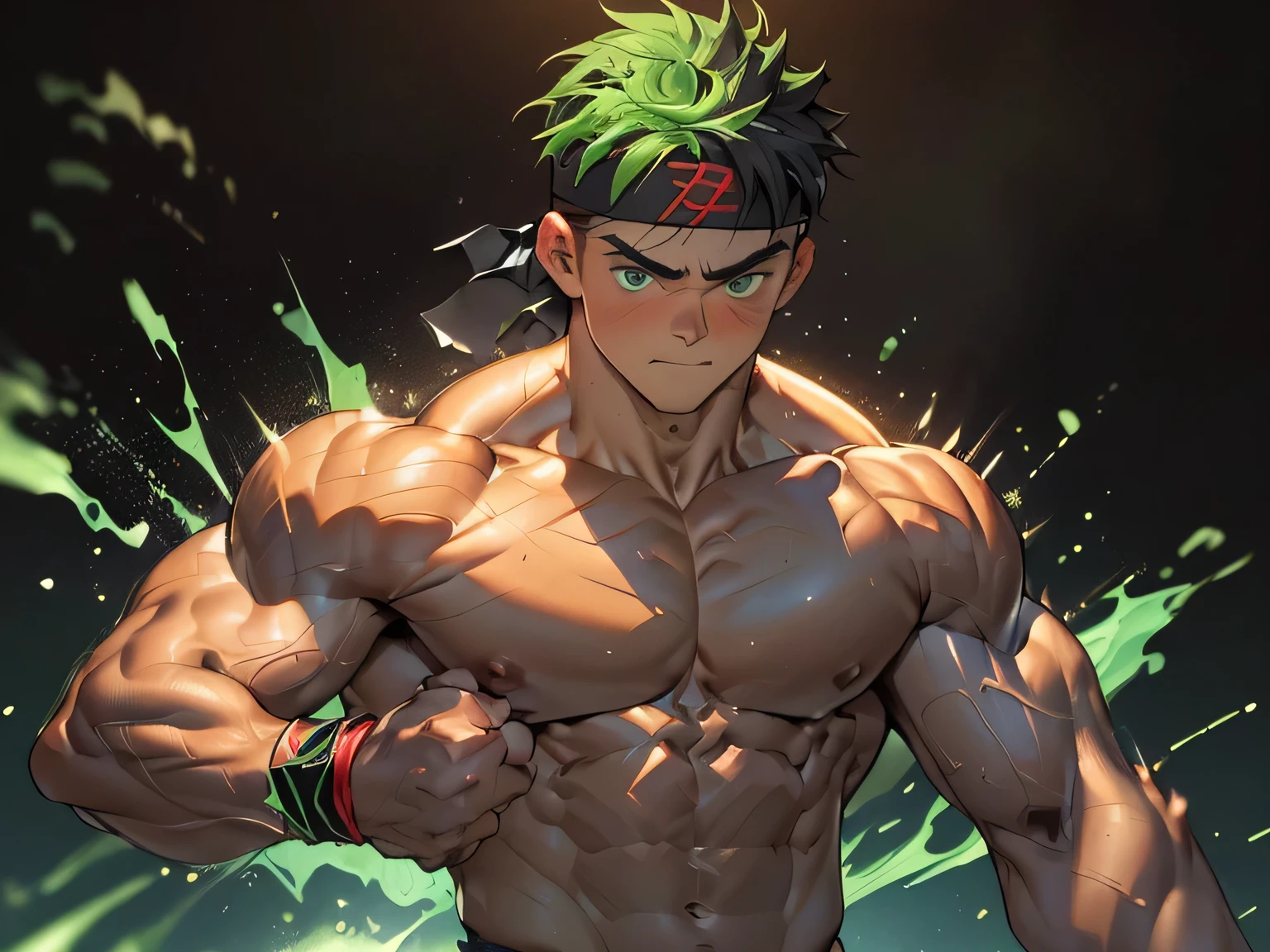 ((masterpiece, best quality, stalwart, (Depth of field:1.2))), (((((black background, deep night, upper body))))), (worm green eyes, Young boy, muscler, Shirtless, topless), ((((1boy, solo, flesh, tough, reliable, developed body)))), (Dark Short straight hair, green eyes, ((almost completely shaved hair)), under cut), (((red headband, black wristband))), Vivid colors, ((big breast, big abs, big shoulder, muscular body, sturdy body, defined round and fleshy pecs, defined round and fleshy ABS, defined round and fleshy armsmuscular, well-defined muscles, toned body, shouldermuscler)), muscler!, muscler body, detailed face, detailed muscle, (((rippling muscles, Flowing energy, wearing wind to emphasize the power of his aura. Highlight his aura, blue and green aura effect, wearing energy stream, charge aura energy his right arm, Imposing, expressionless, random stance, ((rushpunch, motion blur)))))