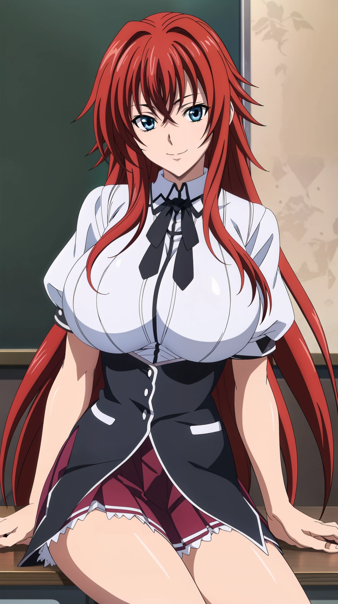  sitting on a school chair., Black Cloak, black neckwear, white shirt, Short sleeves, Red pleated skirt , Sailor collar, classroom background,  Rias Gremory ,   POV below the animated cell style,  best quality,  high resolution, 1 woman, (Huge breasts:1.2),  beautiful face,  red hair,very long hair,  blue eyes on the desk,  Sneaking In , Smile, 