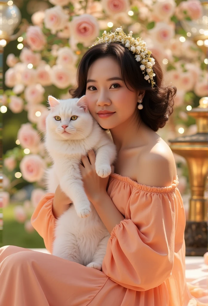 Create an ethereal image of a lady with short, wavy soft short brown hair, wearing a flowing gown made of shimmering peach-colored fabric. She is lovingly holding a fluffy white cat in her arms, set in an enchanted and romantic environment. The background is a garden of roses with soft, twinkling lights around, and antique candelabras gently illuminating the scene. The atmosphere is magical, with warm and glowing tones that highlight the delicacy and elegance of the scene. The woman has a serene and gentle expression, with a delicate floral crown adorning her hair, sweet and romantic mood, amazingly beautiful soft lighting