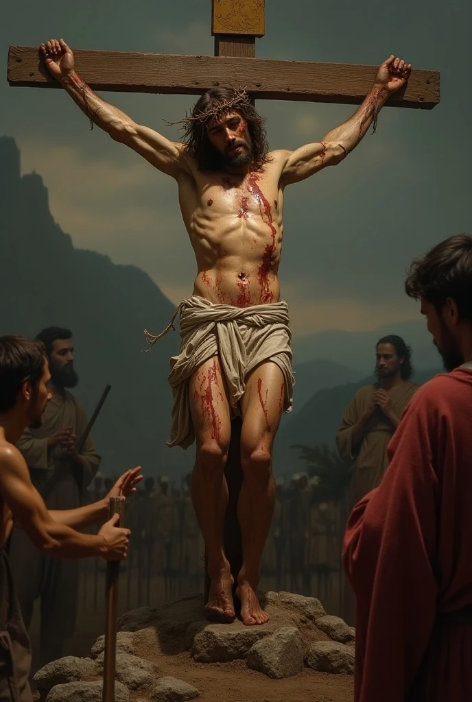"A powerful and solemn scene depicting Jesus on the cross, looking up and praying to the Father. Jesus is shown in a moment of intense suffering and devotion, with his face turned upward, eyes filled with pain yet also with a deep sense of faith and surrender. He is dressed in a simple loincloth, and his body shows the marks of crucifixion. Above him, the sky is dark and foreboding, but a radiant light breaks through the clouds, illuminating his face and casting a divine glow over the scene. The ground beneath the cross is rugged and barren, adding to the somber atmosphere. The overall composition captures the profound spiritual significance of the moment, emphasizing Jesus's connection to the Father and his sacrificial love. The image size is 16:9, providing a widescreen view of the entire scene."