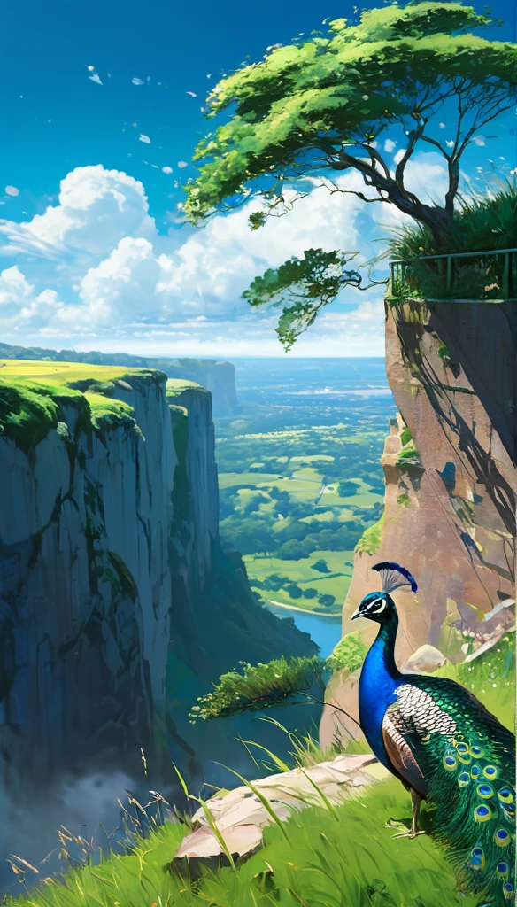 a peacock sitting under a tree near a cliff in a meadow , seeing a vast blue sky with fluffy clouds and brush strokes , tall grasses stones, , makoto shinkai cyril rolando, anime art wallpaper 4k, anime art wallpaper 4k, animated background, anime art wallpaper 8K, animated background art, Anime Landscape Wallpaper, amazing wallpaper, HD wallpaper, 4k anime wallpaper, 4k anime wallpaper, Aries Moross art,art by Bob Byerley , AshleyWoodArtAI, greg rutkowski(far angle view)(brokeh effects)