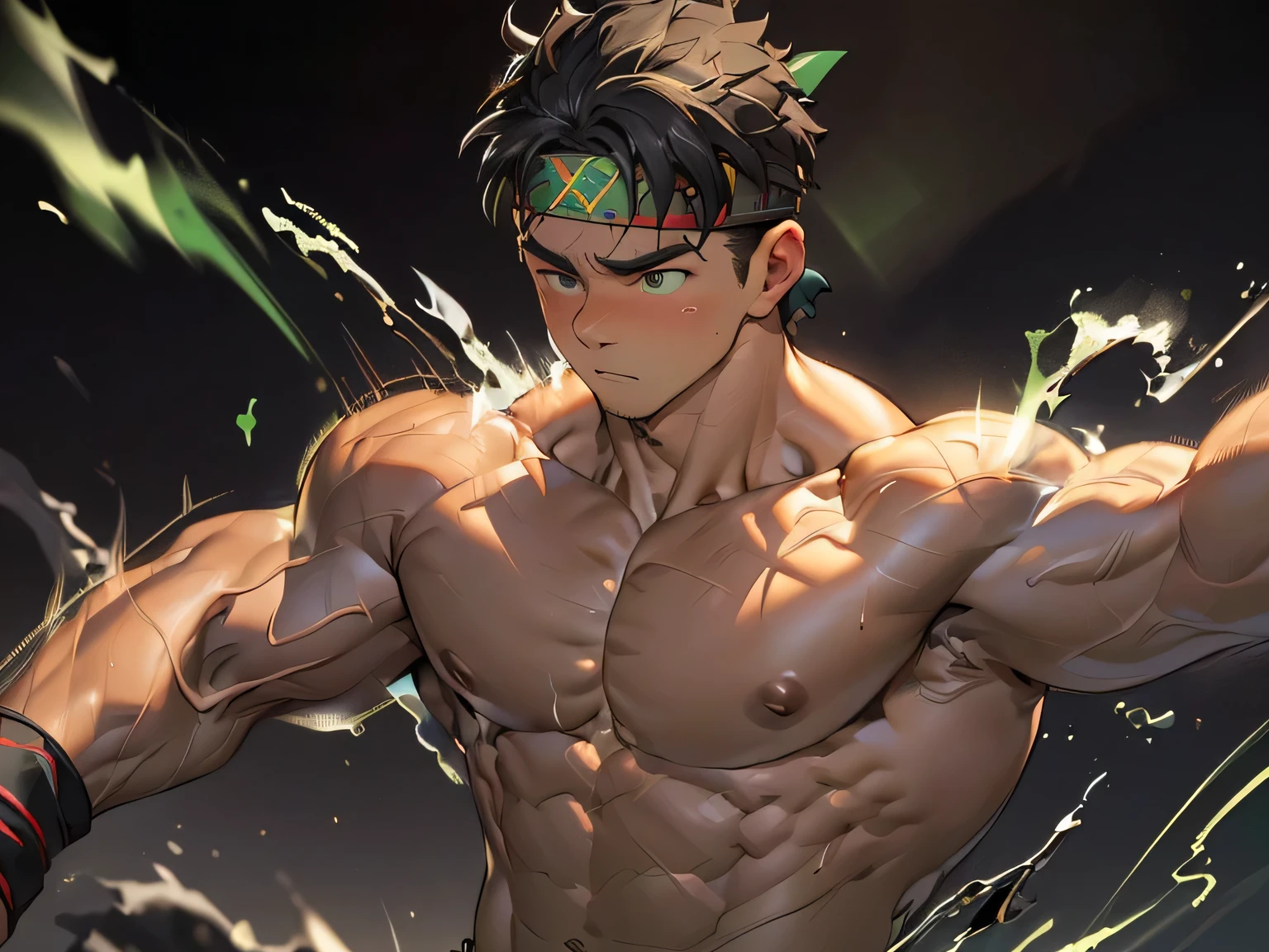 ((masterpiece, best quality, stalwart, (Depth of field:1.2))), (((((black background, deep night, upper body))))), (worm green eyes, Young boy, muscler, Shirtless, topless), ((((1boy, solo, flesh, tough, reliable, developed body)))), (Dark Short straight hair, green eyes, ((almost completely shaved hair)), under cut), (((red headband, black wristband))), Vivid colors, ((big breast, big abs, big shoulder, muscular body, sturdy body, defined round and fleshy pecs, defined round and fleshy ABS, defined round and fleshy armsmuscular, well-defined muscles, toned body, shouldermuscler)), muscler!, muscler body, detailed face, detailed muscle, (((rippling muscles, Flowing energy, wearing wind to emphasize the power of his aura. Highlight his aura, blue and green aura effect, wearing energy stream, charge aura energy his right arm, Imposing, expressionless, random stance, ((rushpunch, motion blur)))))