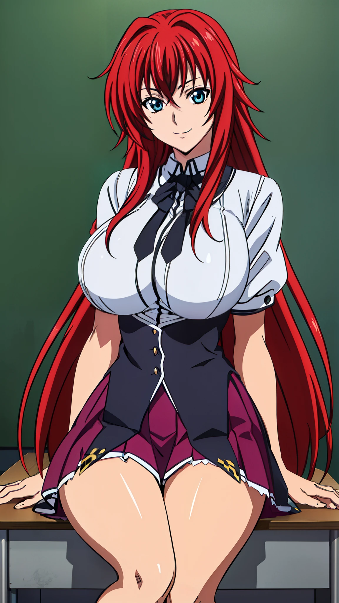  sitting on a school chair., Black Cloak, black neckwear, white shirt, Short sleeves, Red pleated skirt , Sailor collar, classroom background,  Rias Gremory ,   POV below the animated cell style,  best quality,  high resolution, 1 woman, (Huge breasts:1.2),  beautiful face,  red hair,very long hair,  blue eyes on the desk,  Sneaking In , Smile, 