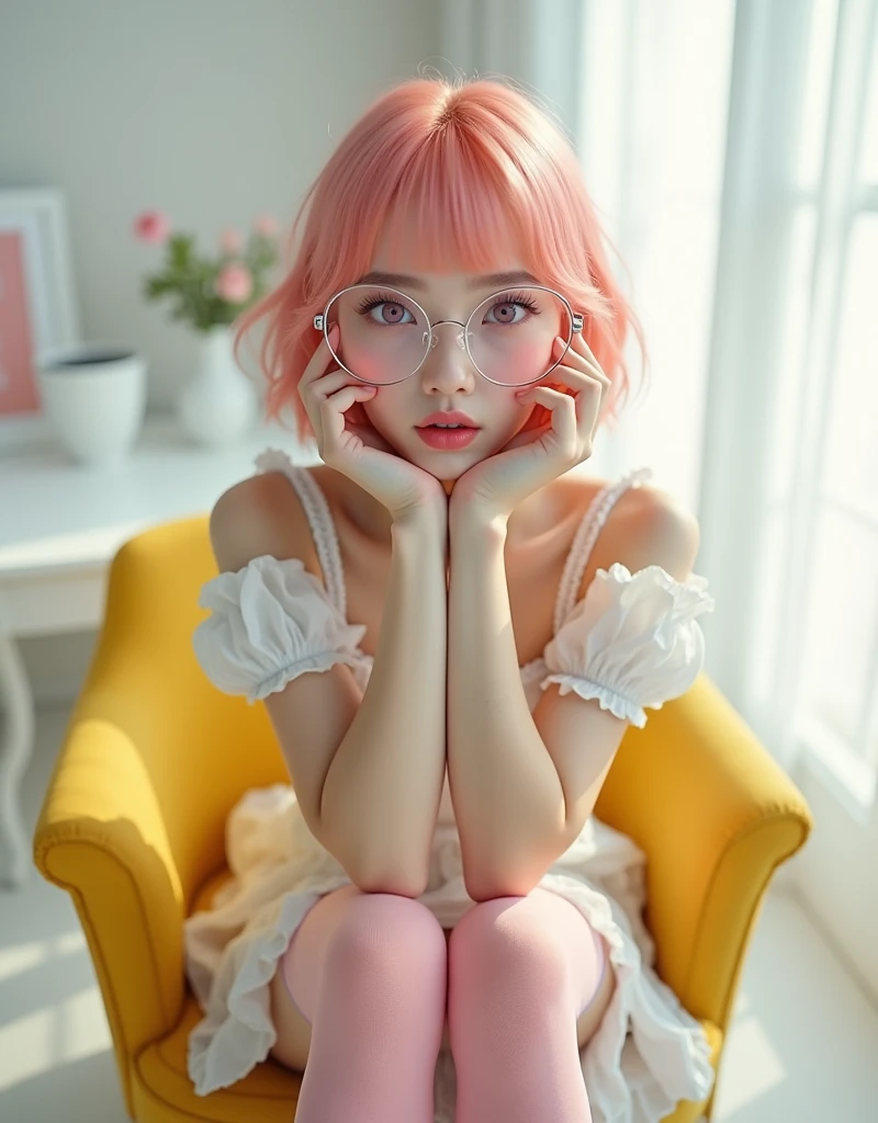 ((RAW photo), absurd, (absurdresolution)), masterpiece, best quality, (Extremely detailed CG unity 8k wallpaper), (best illustration), (best shadow), Realistic lighting, beautiful detailed glow, hyperrealism, (Beautiful woman, Gorgeous, 18 years old)), (light pink eyes, sharp pupil, real, large transparent glasses), (makeup), (salmon pink hair), (pink stockings with frets, short white dress, crinolines), ((sitting on yellow armchair, white dining room)), (Photographic Perspective). «SunPuma S»