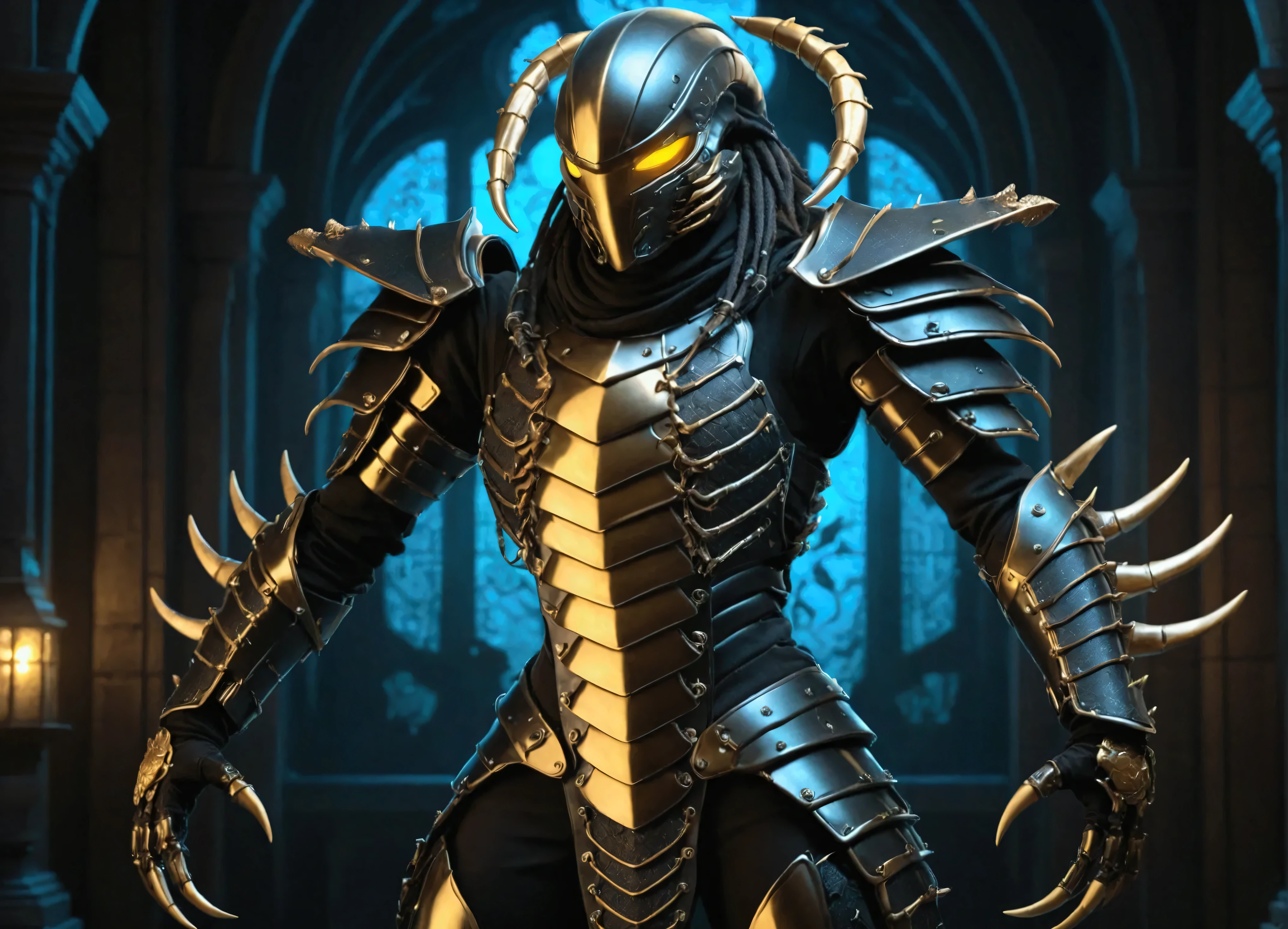 a highly detailed scorpion themed full body armor, exquisitely crafted with intricate mechanical designs, sharp scorpion claws and tail, shiny metal plating, glowing bioluminescent details, dark and moody lighting, cinematic dramatic lighting, dark fantasy, digital art, concept art, hyper detailed, 8k, photorealistic, masterpiece, wearing a girl