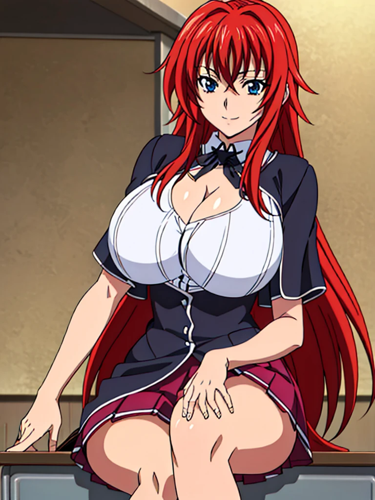  sitting on a school chair., Black Cloak, black neckwear, white shirt, Short sleeves, Red pleated skirt , Sailor collar, classroom background,  Rias Gremory ,   POV below the animated cell style, Top quality ,  high resolution, 1 woman, (Huge breasts:1.2),  beautiful face,  red hair,very long hair,  blue eyes on the desk,  Sneaking In , Smile, Cleavage