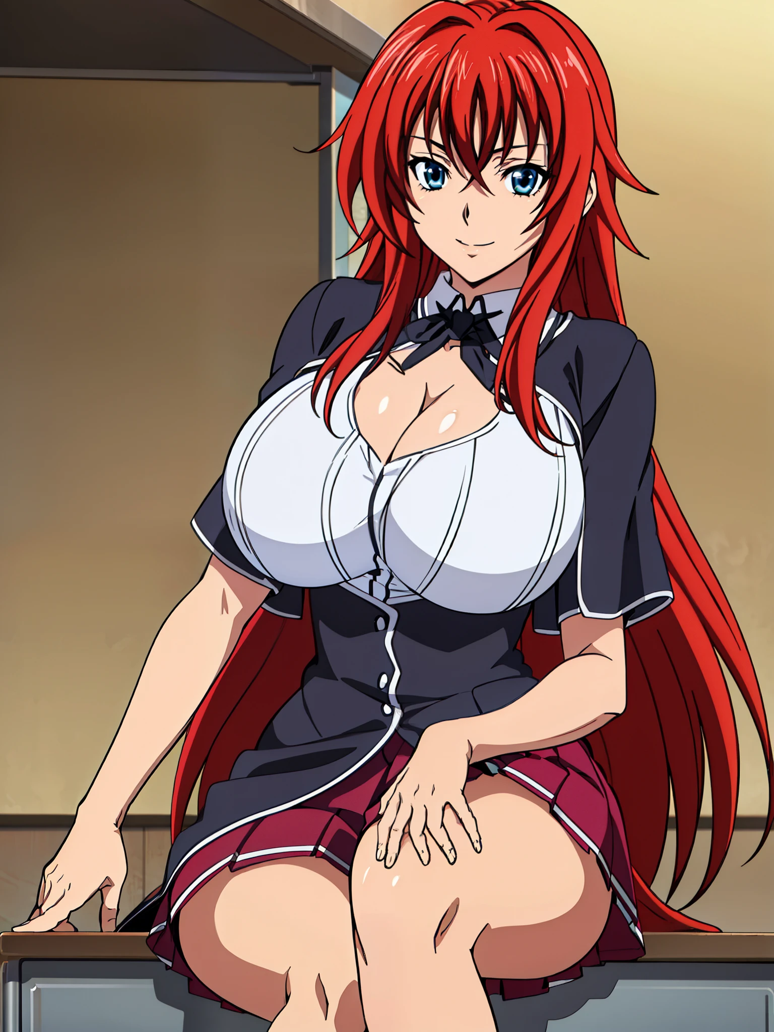  sitting on a school chair., Black Cloak, black neckwear, white shirt, Short sleeves, Red pleated skirt , Sailor collar, classroom background,  Rias Gremory ,   POV below the animated cell style, Top quality ,  high resolution, 1 woman, (Huge breasts:1.2),  beautiful face,  red hair,very long hair,  blue eyes on the desk,  Sneaking In , Smile, Cleavage