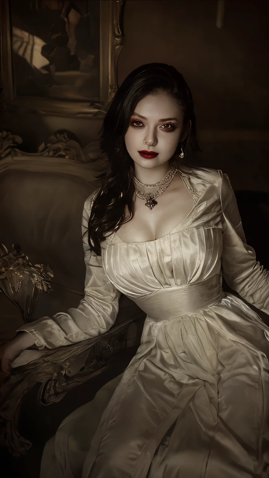 (masterpiece:1.2), (Super detailed:1.5) ,(highest quality:1.3), (8k), (perfect anatomy:1.3), (large breasts:1.3), Young girl, bewitchingly bold, stunningly glamorous, attractively proportioned, ((Gothic ****ta Dresses:1.3)), wearing a gothic dress of eccentric and iconic design, ((taken in an old Western-style house)), (white skin:1.5), smiling, long wavy hair, long black fingernails, darkness, cinematic lighting, light and dark lighting, luxurious and gorgeous,(vivid color:1.5), Luxurious background, 