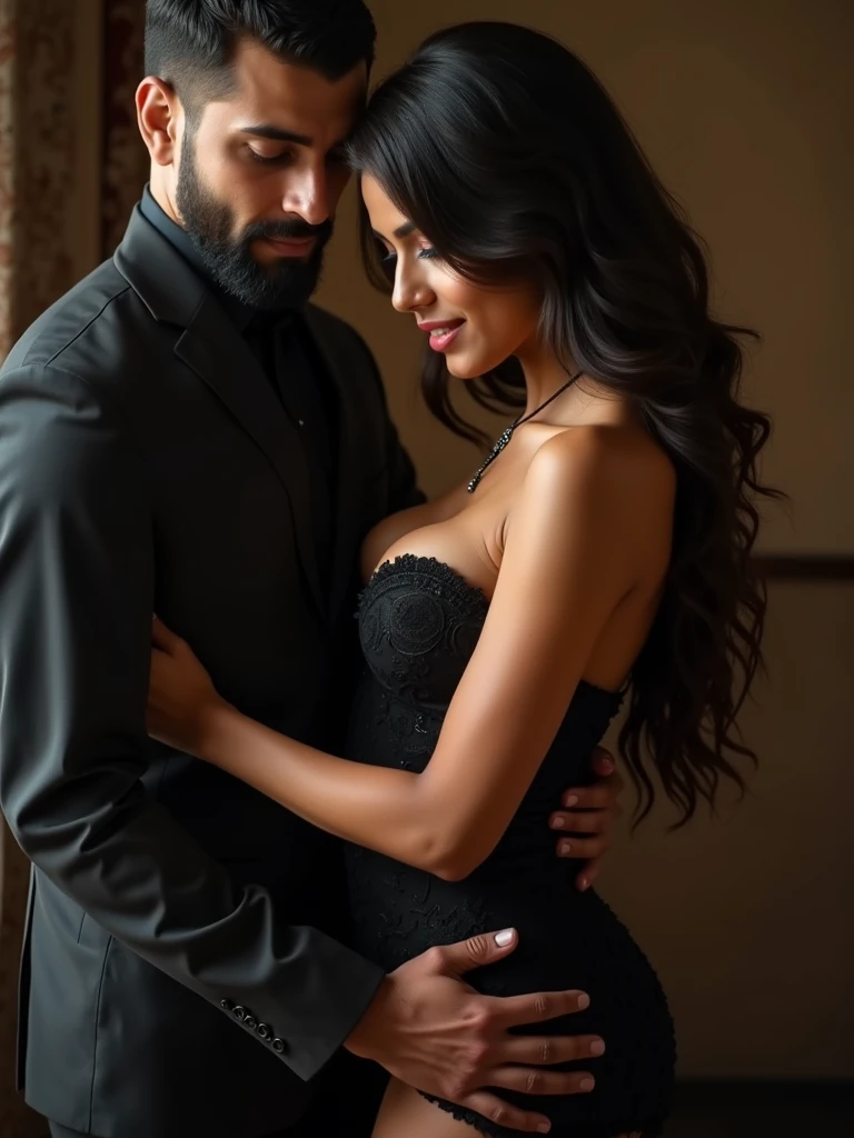 a man in a suit embracing a woman with large breasts, she in black lingerie, she looking at the camera, photographic studio, best quality, 4k, 8k, highres, masterpiece:1.2, ultra-detailed, realistic, photorealistic, photo-realistic:1.37, HDR, UHD, studio lighting, ultra-fine painting, sharp focus, physically-based rendering, extreme detail description, professional, vivid colors, bokeh, portraits, photography