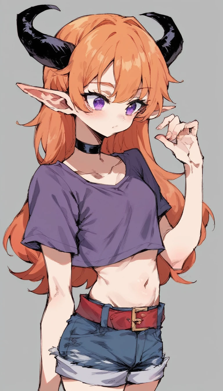 Solo, score_9,score_8_up,score_7_up, girl, wavy long orange hair, defined tummy, purple eyes, elf ears, black horns, simple gray background, wearing a mini jeans skirt with a red belt, purple top, black choker, small breasts, standing, avoid exagerated body proportions.