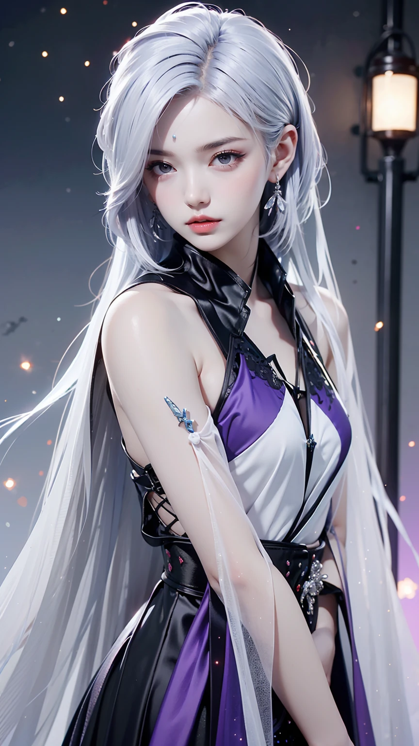 1 Girl, White hair,  shoulder-length hair ,  Purple Eyes ,  Wearing a mask on the head, Side Light, Light Particles, wallpaper, Armed,  sweating 