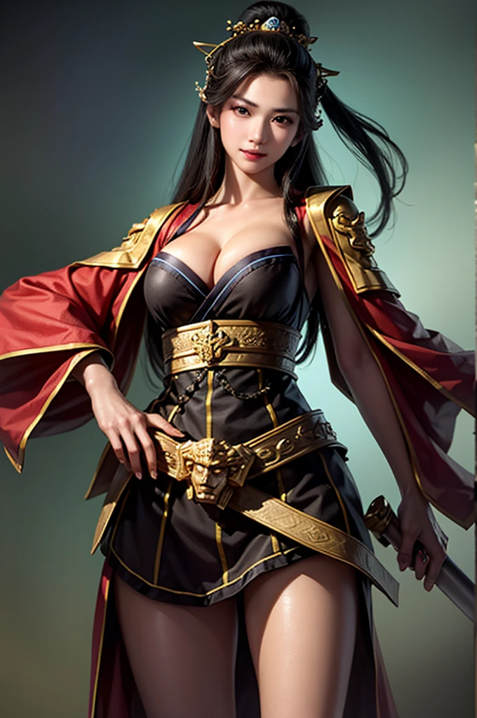 Close up of a woman wearing a red dress and holding a sword,beautiful empress ,Chinese Warrior,A beautiful rendering of the Han Dynasty, Beautiful Fantasy Empress ,masterpiece,Ancient Chinese Goddess,1 person,Large Breasts, highly detailed face and skin textures,  and look at the camera for guys who look at pussies,Perfect beauty: 1.4, fine grain,double eyelid, Whitening skin,Best Quality,  ultra high resolution ,  simple background, 8k high quality detailed art 