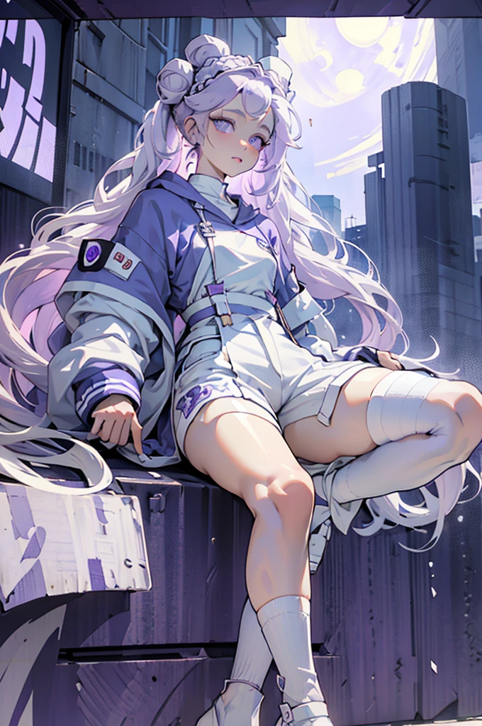 boy,  thoughtful look , open forehead , white horns.  white long hair braided in a bun on one side. bottomless White-purple eyes .  Long white and purple t-shirt .  Short white and purple shorts with straps . white and purple baggy socks . White shoes . white and purple long coat with hood .  behind a huge moon in the dark purple sky 