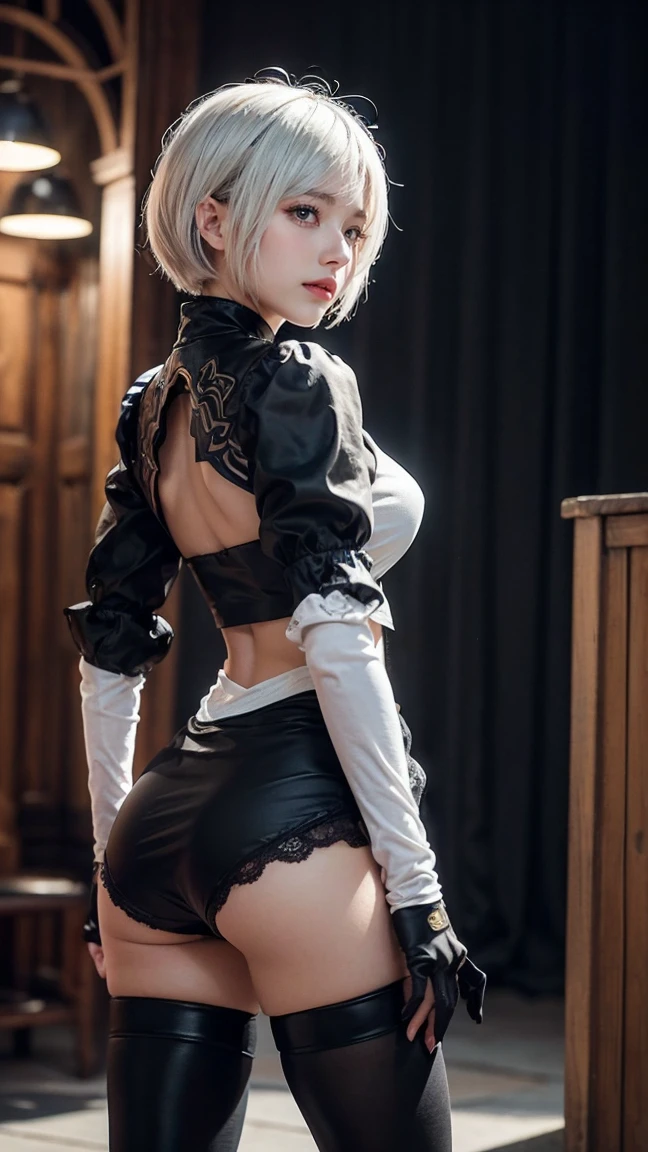 (masterpiece), (1 beautiful dutch woman),A shy smile,Blue Eyes,Ella Freya from the Netherlands,(NieR:Automata),(2B), White cropped t-shirt,erect nipples,(highest quality), (8K resolution), White Hair,Short Bob Hair,Slender figure,Small breasts,Cleavage,(White panties),Dynamic Pose,Dynamic Angle,arms up,