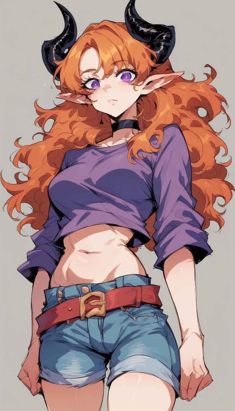 Solo, score_9,score_8_up,score_7_up, girl, wavy long orange hair, defined tummy, purple eyes, elf ears, black horns, simple gray background, wearing a mini jeans skirt with a red belt, purple top, black choker, medium breasts, standing, avoid exagerated body proportions.