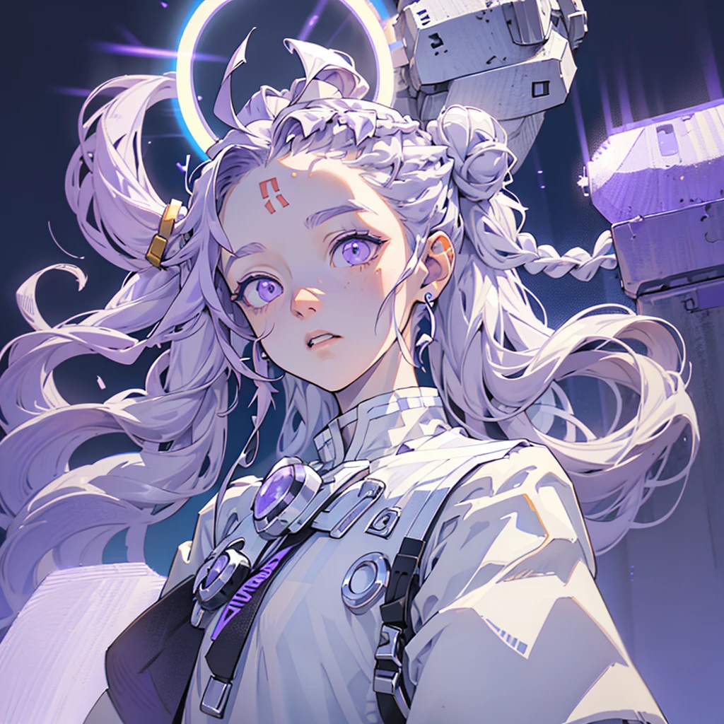 boy,  thoughtful look , open forehead , white horns.  white long hair braided in a bun on one side. bottomless White-purple eyes .  Long white and purple t-shirt .  Short white and purple shorts with straps . white and purple baggy socks . White shoes . white and purple long coat with hood .  behind a huge moon in the dark purple sky 