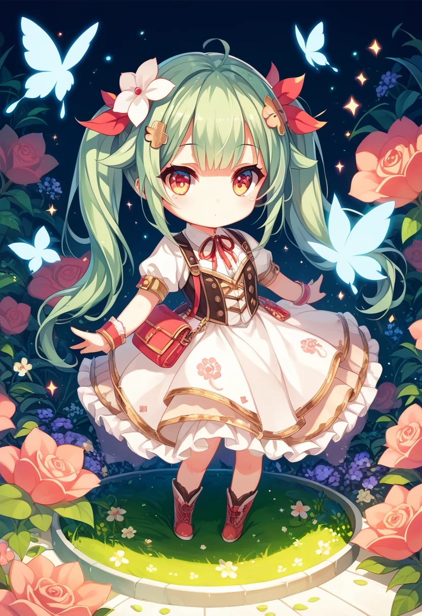 green hair, twintails, hair flaps, hair flower, glowing light, masterpiece, super detail, textured skin, high details, best quality, 16k, 1080P, flowers:1.2, colorful, chibi, cute girl