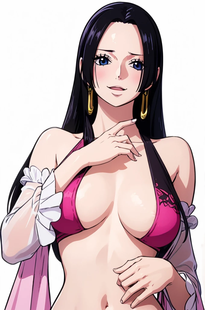 (((masterpiece))), (((best quality))), ((ultra-detailed)), (highly detailed CG illustration), Boa Hancock, (masterpiece:1.5), Detailed Photo, Smiling, Sexy, (Best Quality: 1.4), (1girl), Beautiful Face, (Black Hair, long Hair: 1.3), Beautiful Hairstyle, beautiful detail eyes, (realistic skin), beautiful skin, absurd, attractive, ultra high resolution, high definition, (sexually aroused:1.5), Pinkish white skin, cool white light, sexy pose, Beautiful , white background, pink soft white light, upper body, 2B cosplay