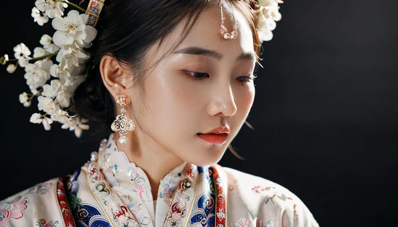 A beautiful Vietnamese woman wearing a traditional nhat binh clothing, adorned with delicate jewelry, in a clear, dreamy, and soft style. The black background is gentle and minimal, with natural lighting creating a pure, serene atmosphere. Her jewelry sparkles subtly, enhancing her graceful beauty. The image is simple yet elegant, capturing the timeless charm of Vietnamese tradition
