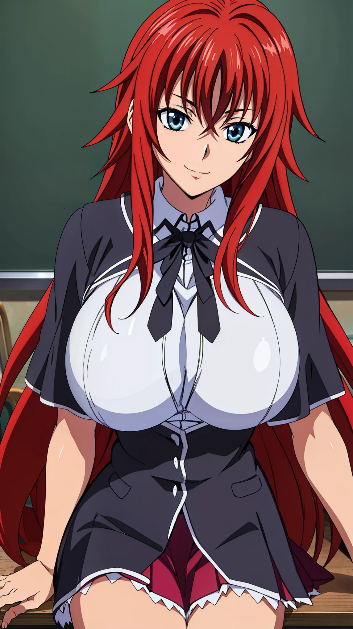  sitting on a school chair., Black Cloak, black neckwear, white shirt, Short sleeves, Red pleated skirt , Sailor collar, classroom background,  Rias Gremory ,   POV below the animated cell style,  best quality,  high resolution, 1 woman, (Huge breasts:1.2),  beautiful face,  red hair,very long hair,  blue eyes on the desk,  Sneaking In , Smile, 