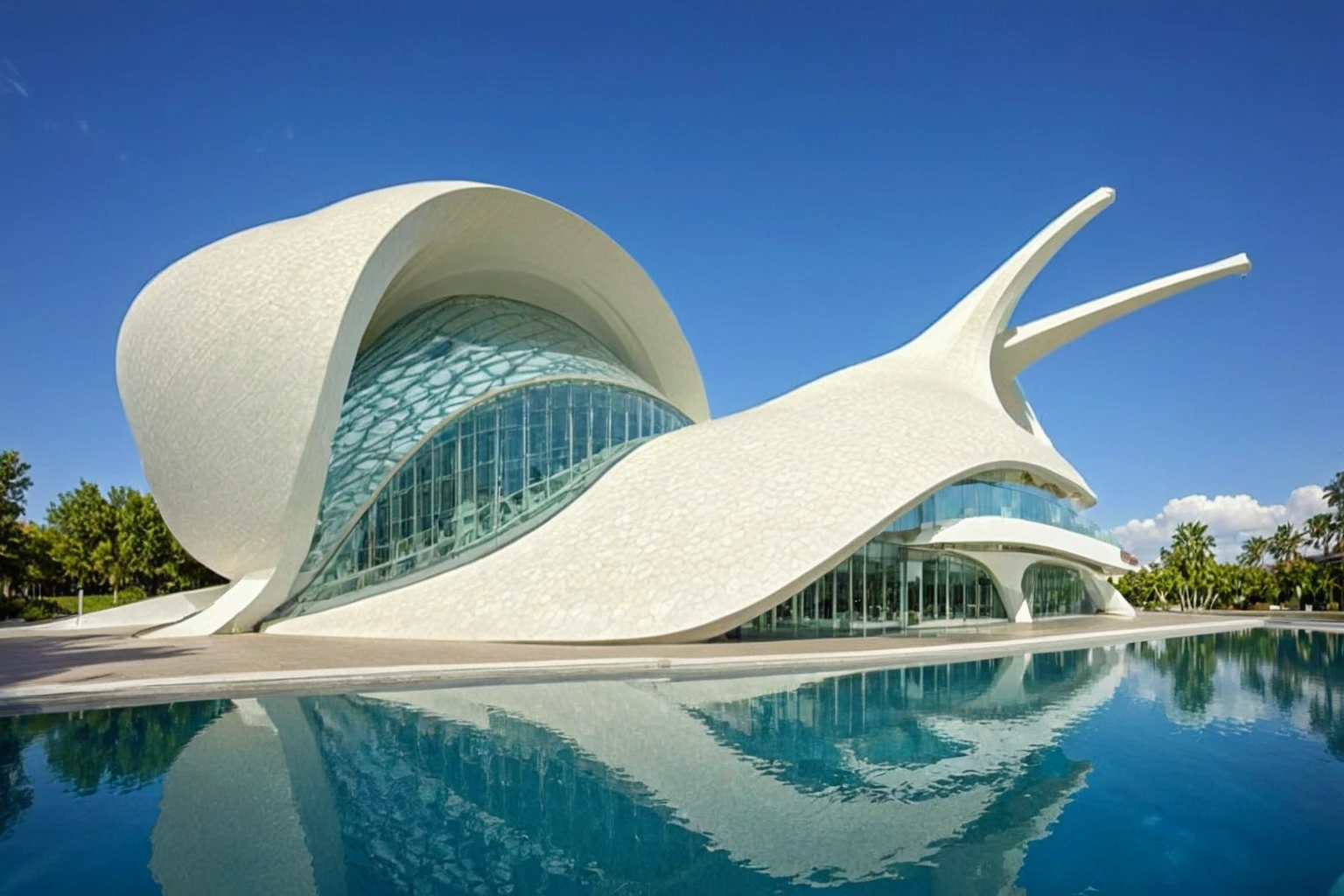 This image features a futuristic architectural structure with smooth, white, curved lines and organic shapes, set beside a calm blue pool. The building has a streamlined, almost spacecraft-like appearance, with large arched elements and sections resembling wings. The sky is clear and blue, complementing the reflections in the water below. To the right, an extended roof structure creates an open, shaded area, while a tall building stands in the background. The overall atmosphere is modern and serene, with a harmonious blend of architecture and water.