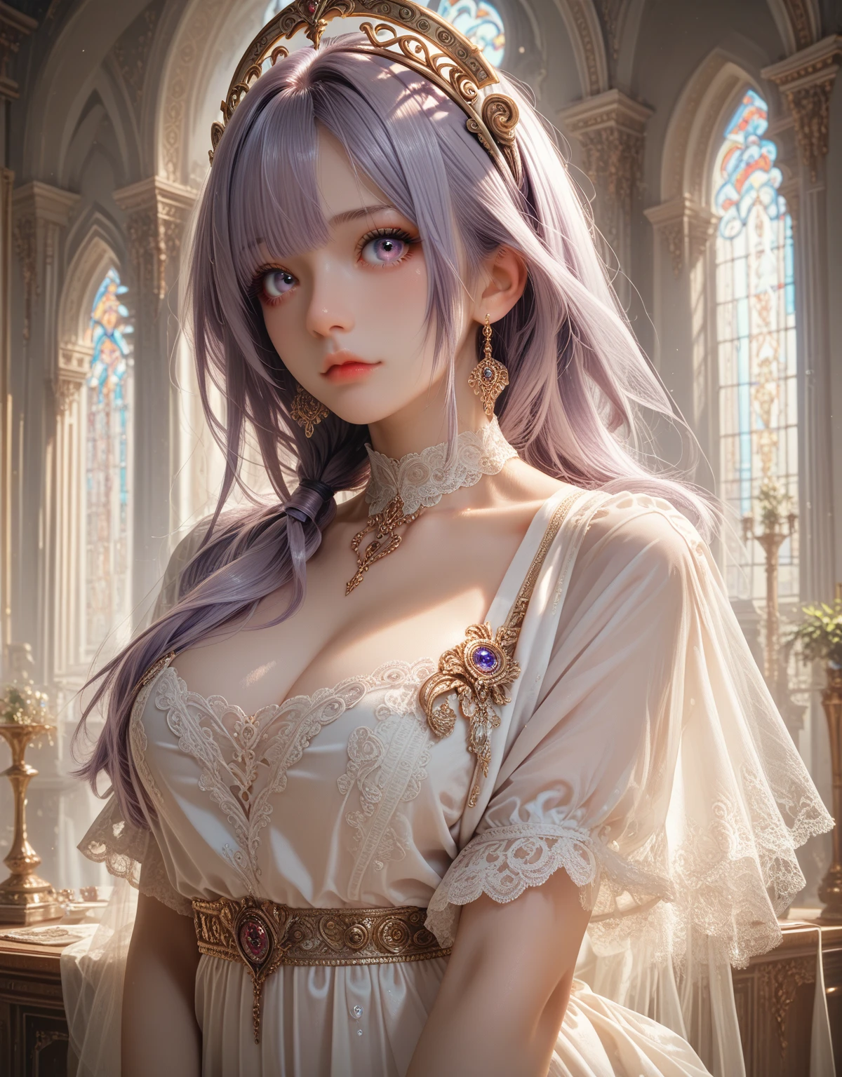 a busty and buttock angel woman with good curves shiny transparent violet hair light violet eyes with refined elegant main clothes well detailed looking at you as if you were her master in a room of the palace