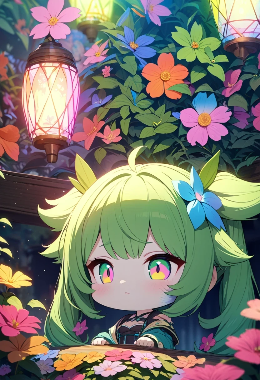 green hair, twintails, hair flaps, hair flower, glowing light, masterpiece, super detail, textured skin, high details, best quality, 16k, 1080P, flowers:1.2, colorful, chibi, cute girl