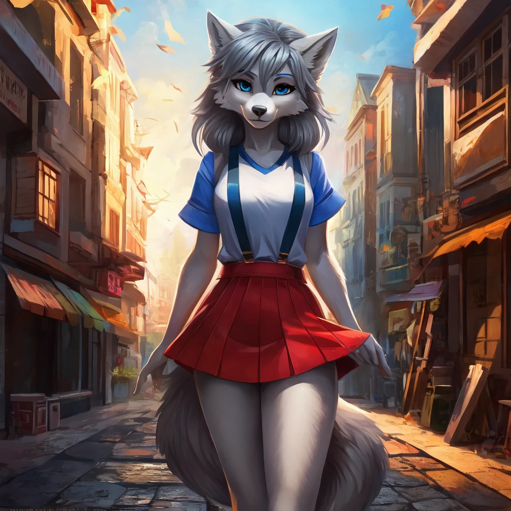 (Wolf furry girl),  city street of the night, ((grey hair)), (Blue curls)), великолепное качество, ((blue eyes)), tail tip white, ((red mini skirt)), good shadows, блики на шерсти, White t-shirts, Suspenders, Шедевр, Высокое разрешение, HD-модель, Детально, Уши животных, Уши волка, (Slim waist)1 девочка, Соло, 