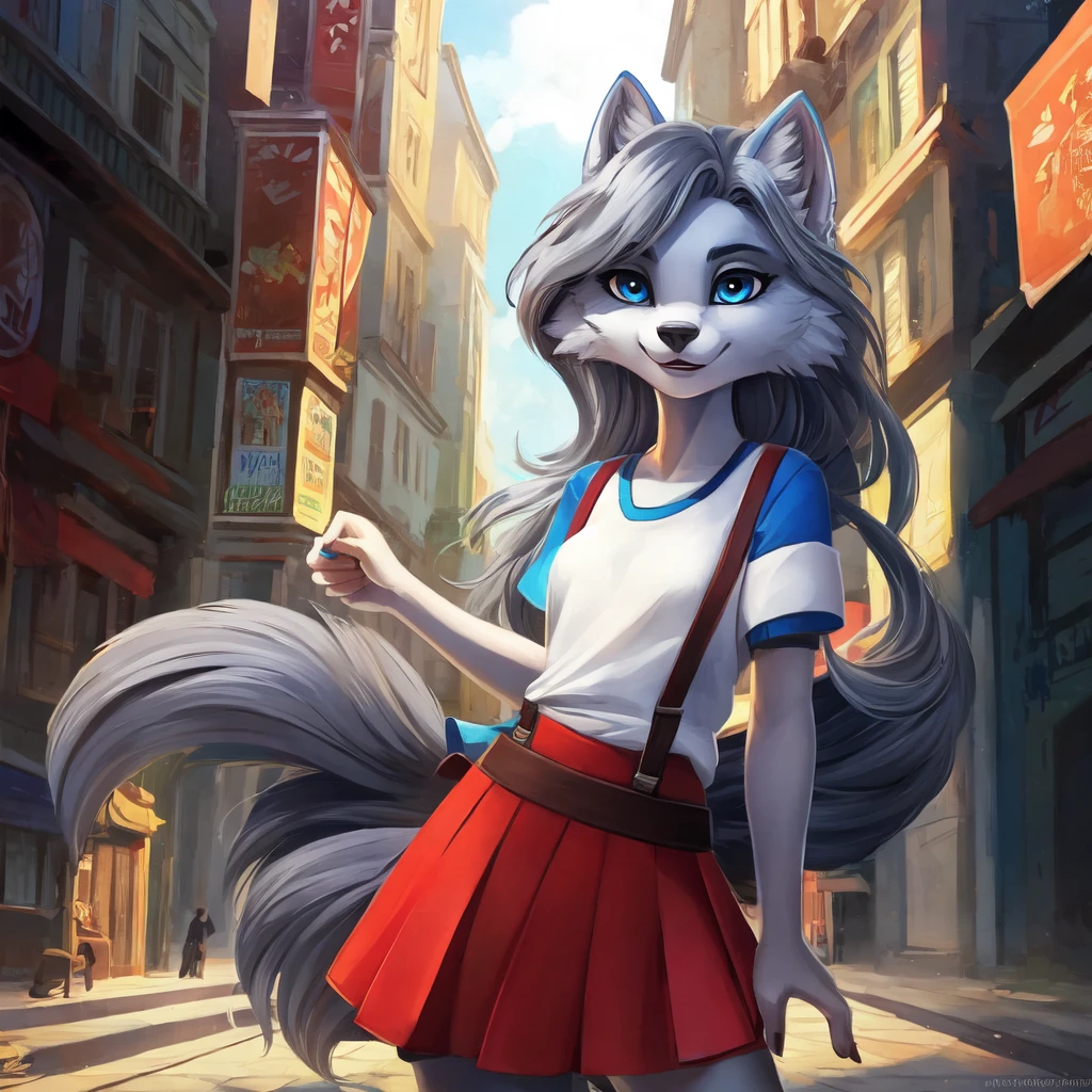 (Wolf furry girl),  city street of the night, ((grey hair)), (Blue curls)), великолепное качество, ((blue eyes)), tail tip white, ((red mini skirt)), good shadows, блики на шерсти, White t-shirts, Suspenders, Шедевр, Высокое разрешение, HD-модель, Детально, Уши животных, Уши волка, (Slim waist)1 девочка, Соло, 