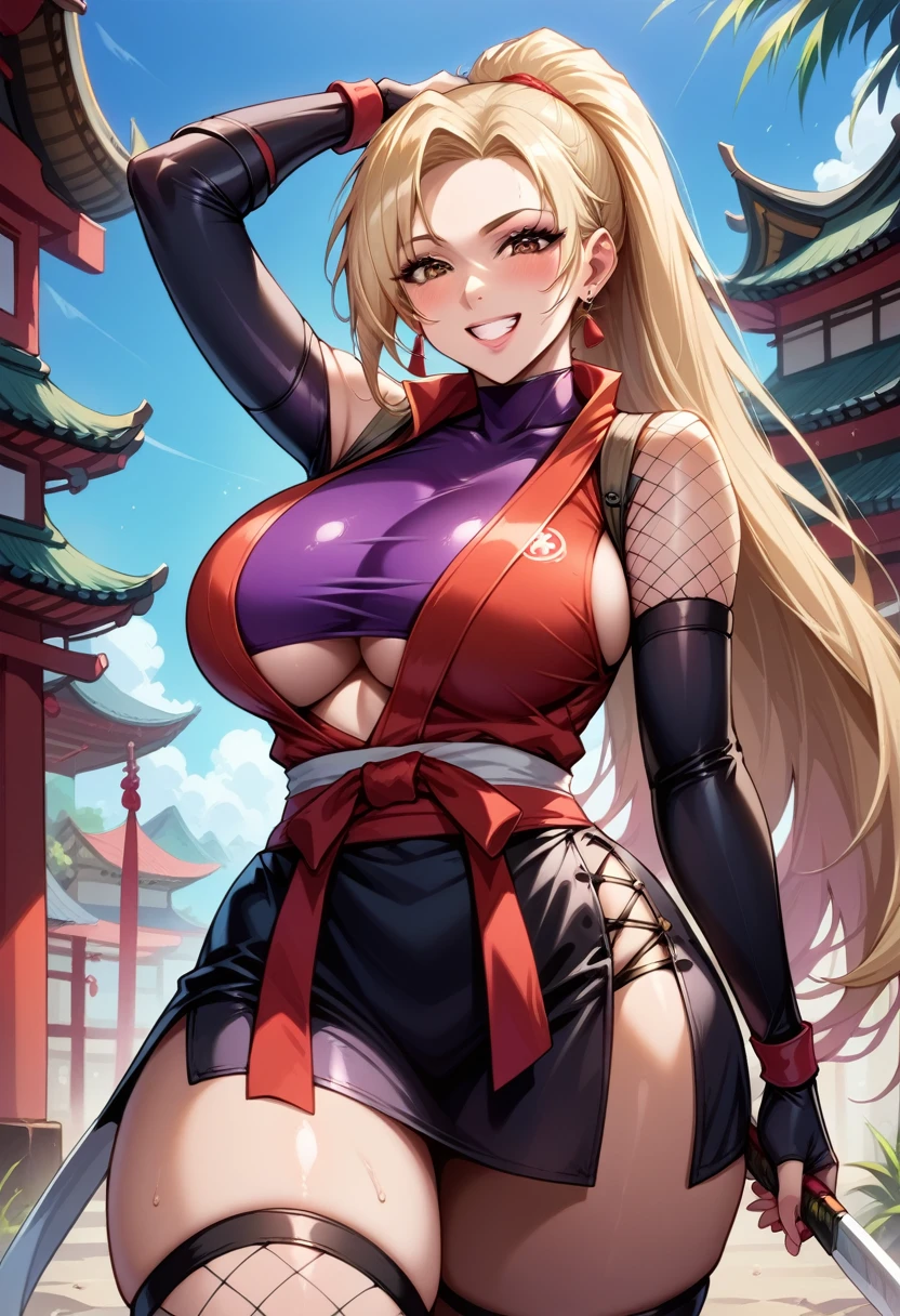 masterpiece, best quality, (1 girl), solo, wide hips, (huge breasts), slutty grin, mature girl, wide hips, ninja village, nighttime, detailed eyes, open mouth, (wearing an extremely slutty and revealing ninja outfit), slutty, (very long hair), curvy, nice hips, kunoichi, ((ninja girl)), ninja outfit, midriff, short skirt, (fishnet), underboob, kunoichi skirt, blonde hair, dark brown eyes, fishnet bodycon, wide hips, voluptuous, mature, milf, wide hips, bearing hips, addicted to pleasure, (after netorare), (fallen to debauchery),