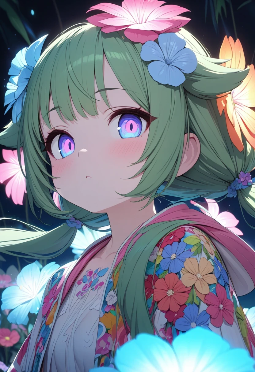 green hair, twintails, hair flaps, hair flower, glowing light, masterpiece, super detail, textured skin, high details, best quality, 16k, 1080P, flowers:1.2, colorful, chibi, cute girl