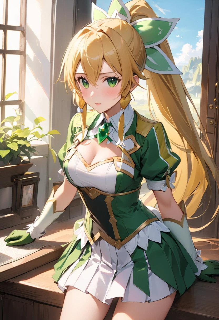 Best Quality、 Unity 8k wallpaper、32K、masterpiece、 very detailed 、  ultra high resolution 、 very detailed な顔、RAW photo、professional、Fine painting、Magical Fairy Swordsman Leafa、Blonde long hair、White hair ribbon、green eyes、Green magical girl costume、 blonde ponytail、White hair ribbon、 yellow ribbon with large emerald brooch 、 white pleated skirt with green lines 、Green and yellow long gloves、 green thigh stiletto heel boots with gold molding、 Full Body Shot 、