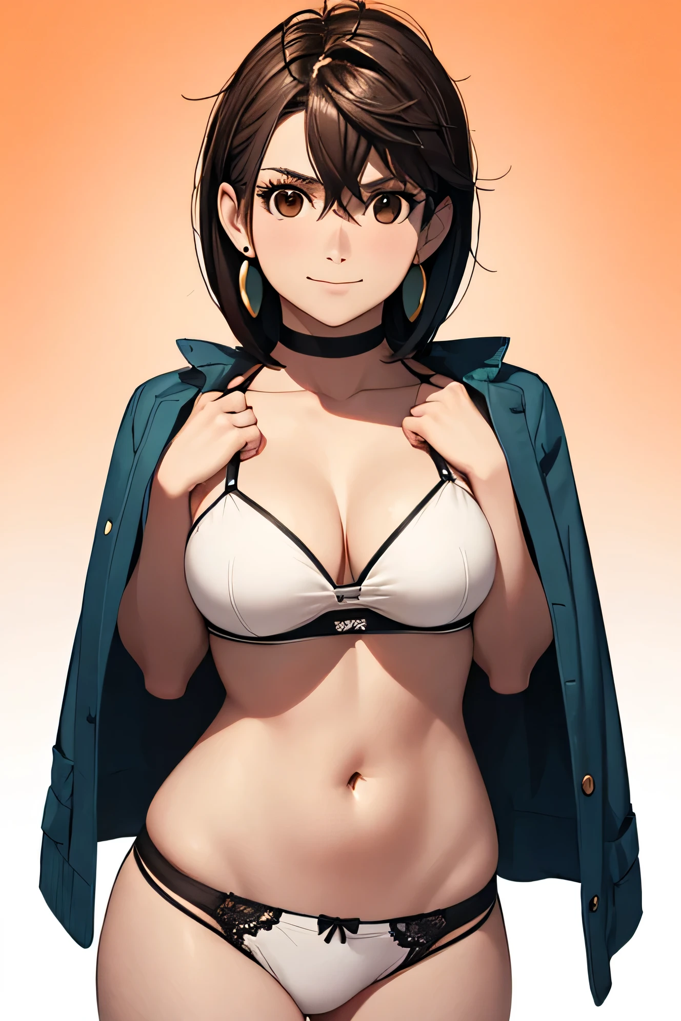 score_9, score_8_up, score_7_up, source_anime, BREAK 1girl, looking at viewer, gradient background, light smile, momo, brown hair, short hair, hair between eyes, asymmetrical bangs, brown eyes, earrings, black choker ,white underwear, thong, navel   