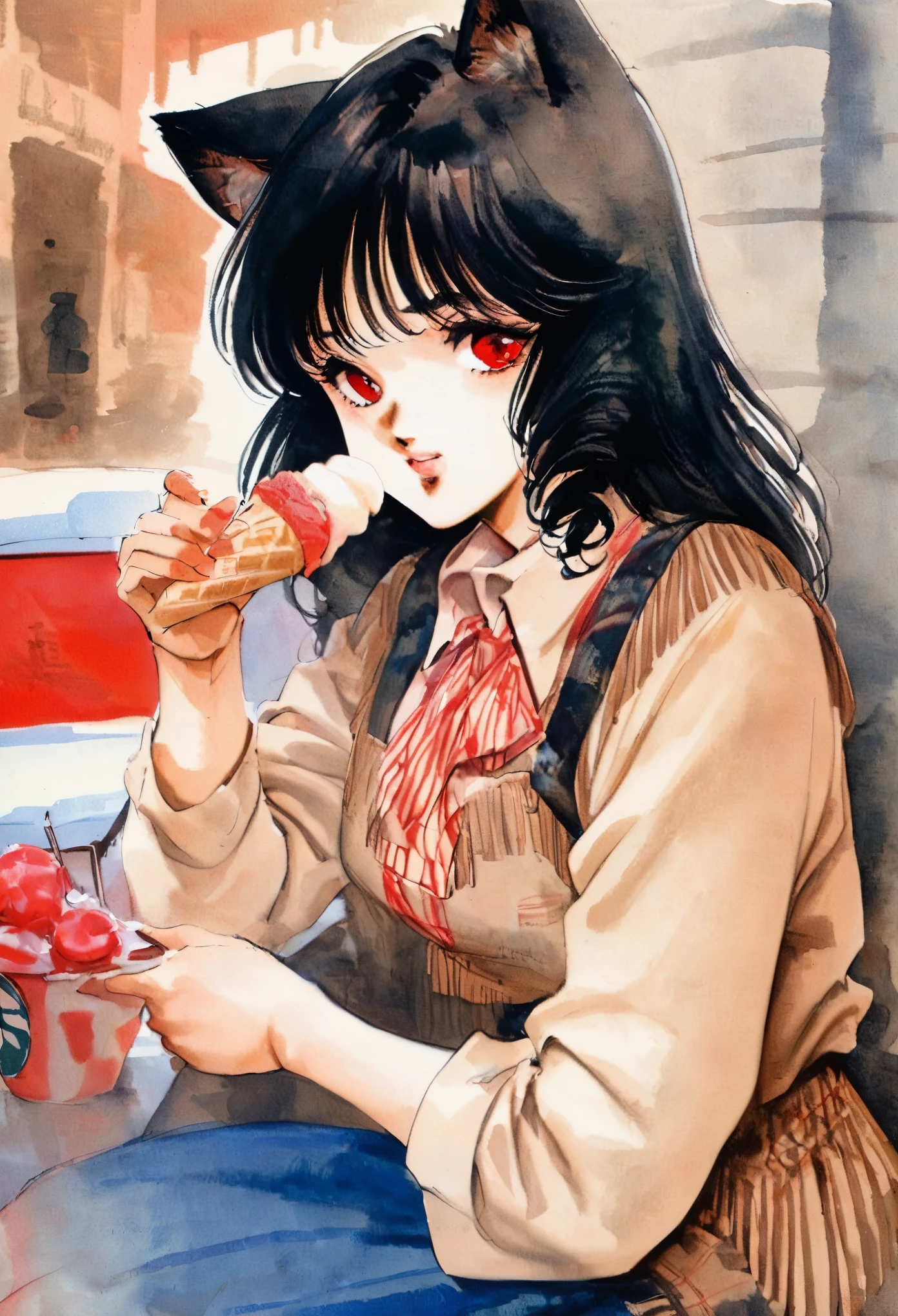  foreground. 1 girl (junkotvv black hair, fringe, cat ears, red eyes),  boring expression,  holding an ice cream cone ,   sitting next to an ice cream truck,  masterpiece , The best quality, very aesthetic, absurd traditional media  , watercolor, 1980