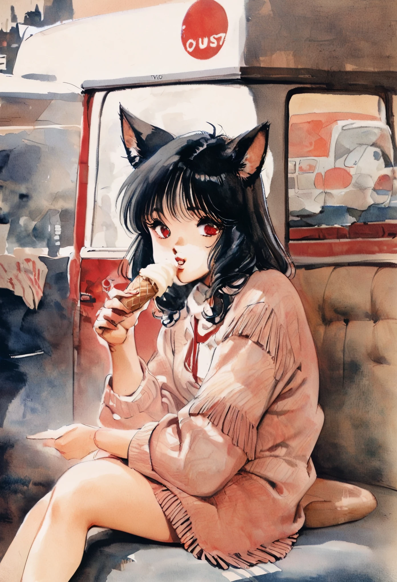  foreground. 1 girl (junkotvv black hair, fringe, cat ears, red eyes),  boring expression,  holding an ice cream cone ,   sitting next to an ice cream truck,  masterpiece , The best quality, very aesthetic, absurd traditional media  , watercolor, 1980