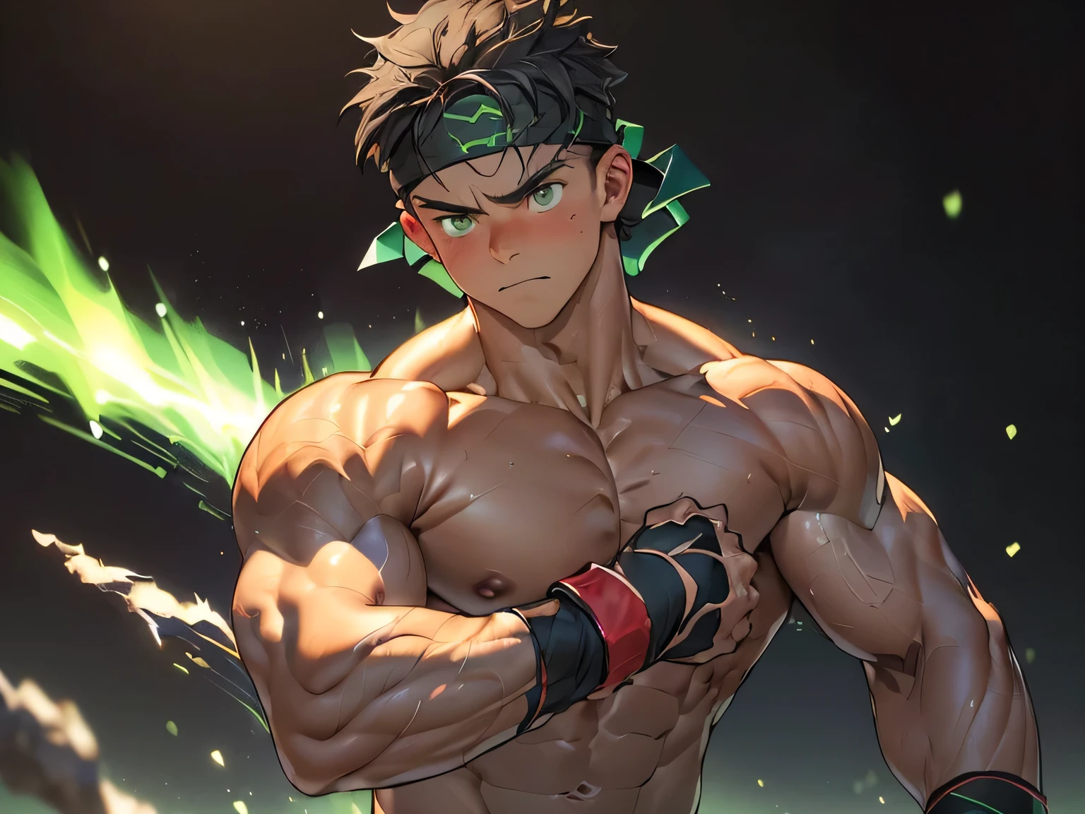 ((masterpiece, best quality, stalwart, (Depth of field:1.2))), (((((black background, deep night, upper body))))), (worm green eyes, Young boy, muscler, Shirtless, topless), ((((1boy, solo, flesh, tough, reliable, developed body)))), (Dark Short straight hair, green eyes, ((almost completely shaved hair)), under cut), (((red headband))), Vivid colors, ((big breast, big abs, big shoulder, muscular body, sturdy body, defined round and fleshy pecs, defined round and fleshy ABS, defined round and fleshy armsmuscular, well-defined muscles, toned body, shouldermuscler)), muscler!, muscler body, detailed face, detailed muscle, (((rippling muscles, Flowing energy, wearing wind to emphasize the power of his aura. Highlight his aura, blue and green aura effect, wearing energy stream, charge aura energy his right arm, Imposing, expressionless, random stance, ((rushpunch:1.2, motion blur)))))