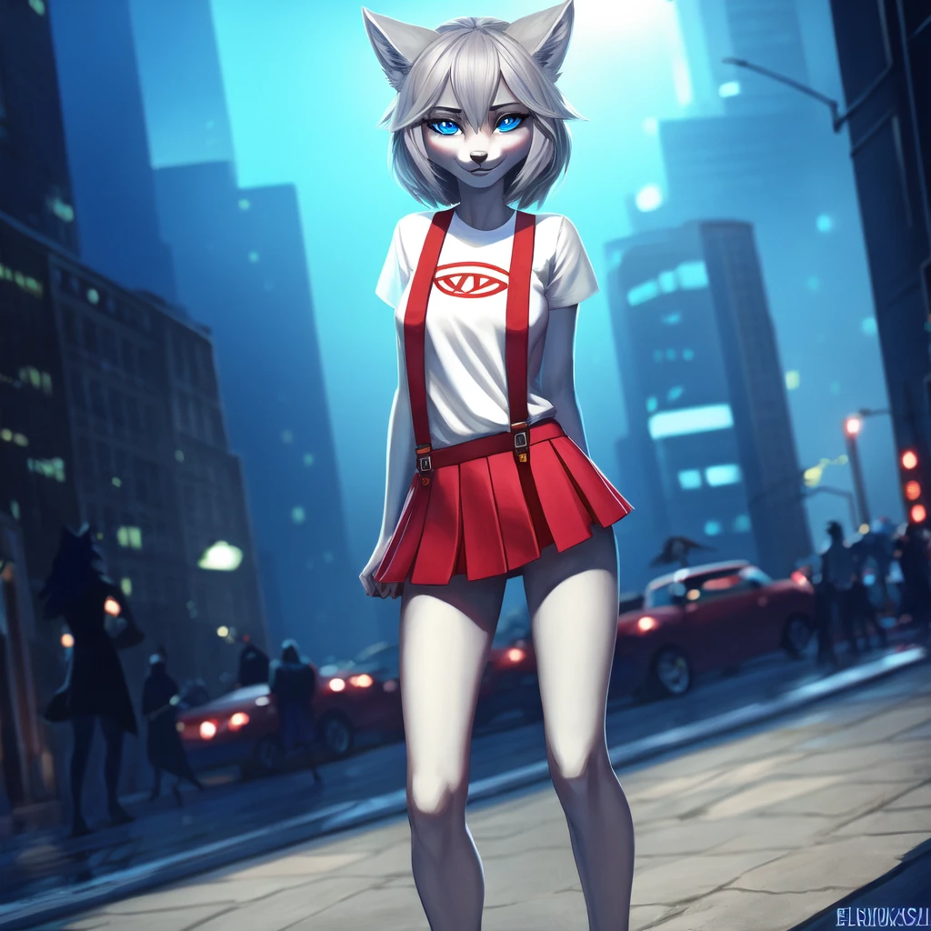 (Wolf furry girl), night city, ((grey hair)), (Blue curls)), великолепное качество, ((blue eyes)), tail tip white, ((red mini skirt)), good shadows, блики на шерсти, White t-shirts, Suspenders, Шедевр, Высокое разрешение, HD-модель, Детально, Уши животных, Уши волка, (Slim waist)1 девочка, Соло, 