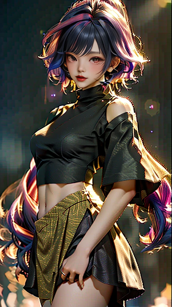 masterpiece,illustration,best quality,extremely detailed CG unity 8k wallpaper,1girl,colorful_hair,((colorful hair)),younger,long hair,kneehighs,off shoulder sweater,black skinny leather skirt,glow,Optical particle,Hazy light,Optical particle,High brightness contrast,large breasts,looking at viewer,