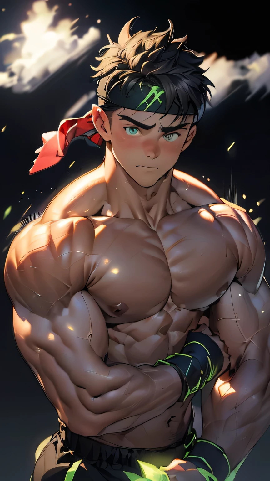 ((masterpiece, best quality, stalwart, (Depth of field:1.2))), (((((black background, deep night, upper body))))), (worm green eyes, Young boy, muscler, Shirtless, topless), ((((1boy, solo, flesh, tough, reliable, developed body)))), (Dark Short straight hair, green eyes, ((almost completely shaved hair)), under cut), (((red headband))), Vivid colors, ((big breast, big abs, big shoulder, muscular body, sturdy body, defined round and fleshy pecs, defined round and fleshy ABS, defined round and fleshy armsmuscular, well-defined muscles, toned body, shouldermuscler)), muscler!, muscler body, detailed face, detailed muscle, (((rippling muscles, Flowing energy, wearing wind to emphasize the power of his aura. Highlight his aura, blue and green aura effect, wearing energy stream, charge aura energy his right arm, Imposing, expressionless, random stance, ((rushpunch:1.2, motion blur)))))