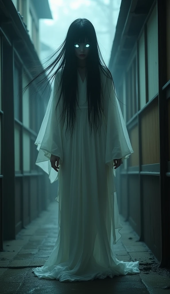 Calm colors、Hundreds of centipedes、Black-haired woman、White kimono、Dirty clothing、Hair that hides the face、Standing Eerie。Nightmare illustration、Surreal fantasy、Thick Fog、Abandoned Corridor、Centipedes on the wall、Jet Black、darkness