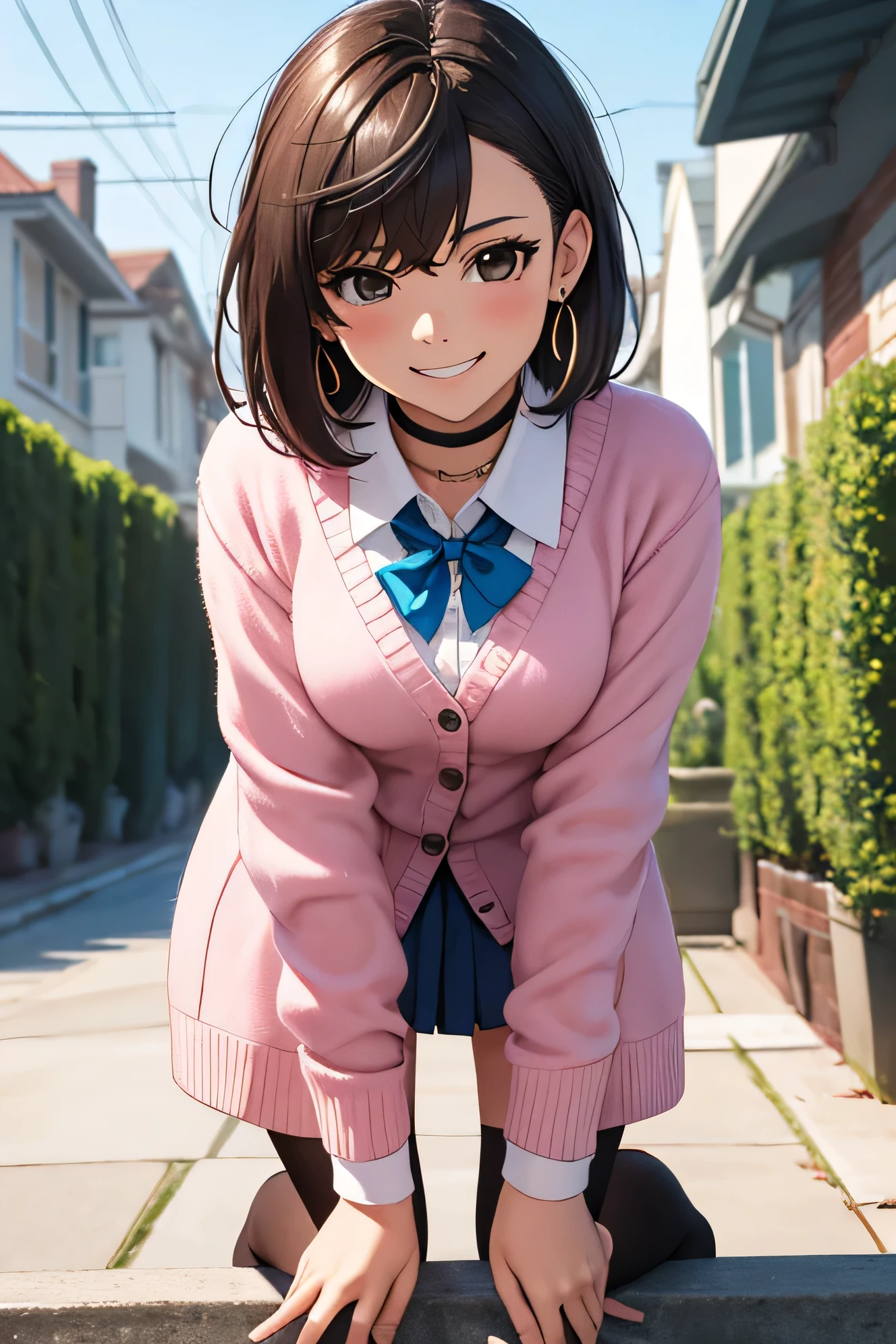 1girl, (((masterpiece, best quality))), (absurdres, absolutely resolution), (8k), (detailed beautiful face and eyes), (detailed illustration), (superfine illustration),     ayase_wz, medium hair, brown hair, brown eyes, large breasts, chocker, red bowtie,(pink cardigan:1.1), long cardigan,  long sleeves, blue skirt, pleated skirt, school uniform, earrings, loose socks, white socks, leaning forward, smile, outdoors,  shot,  v arms