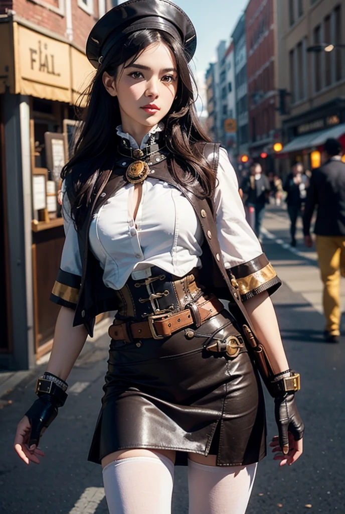 (8k, RAW photo, best quality, masterpiece:1.2), (realistic, photo-realistic:1.4), highres, ultra-detailed, extremely detailed, depth of field,science fiction,
1girl,  with ripped abs, exposed waist, exposed stomach, solo, (steampunker:1.5), black hair, long hair, hat, hat ornament, gear ornament, white shirt, capelet, tassel, white sleeves, long sleeves, gloves, high collar, intricate details, bronze skirt, frilled skirt, utility belt, pantyhose, pouch, strap, buckle, steampunk city,The overall composition should have the a focus on the character's appearance,