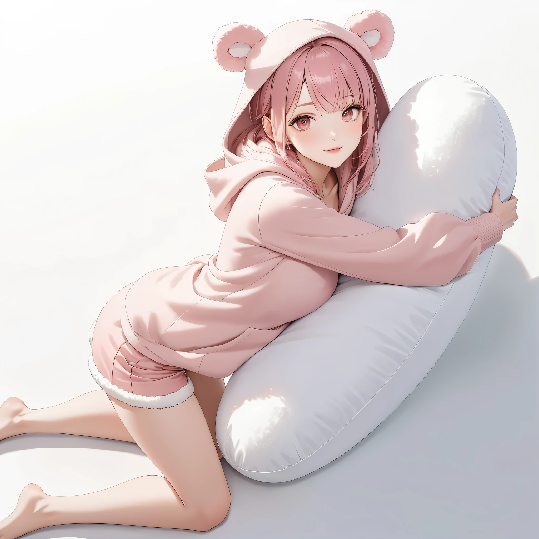 (8K, masutepiece, Best Quality, Official art, beautiful detailed, beautiful lighting, best masterpiece in history that exceeds limits), (1 Girl, Solo), (sixteen years old), (beautiful detailed face), (shiny white skin), (Beautiful big bust, cleavage, knees, thighs, barefoot:1.3), (beautiful detailed pink hair, Bangs, ribbon:1.3), (beautiful detailed drooping pink eyes:1.5), (beautiful detailed gelato pique room wears, winter warm room wears, pastel pink fluffy warm brushed wool hoodie, (Put the hood on:1.2), fluffy animal ears pastel pink hood, loose long sleeves, overly long sleeves, pastel pink fluffy warm brushed wool shorts:1.3), (happy smile:1.2), (from above, lying, lie on her back, hug a white long body pillow, clutch a white long body pillow to knees and thighs:1.5), (Attractive, sensational, looking at viewer, cute pose), (no backgroun, simple white plain background:1.5),
