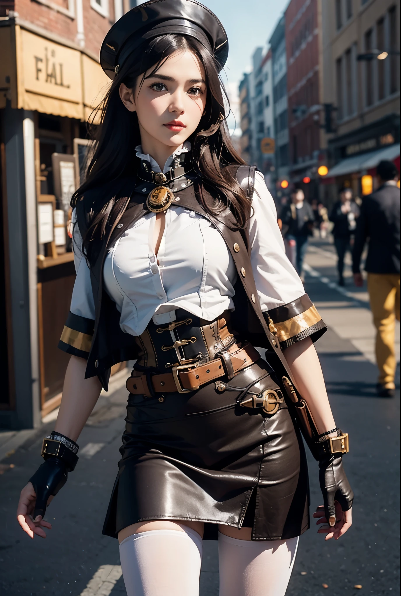 (8k, RAW photo, best quality, masterpiece:1.2), (realistic, photo-realistic:1.4), highres, ultra-detailed, extremely detailed, depth of field,science fiction,
1girl,  with ripped abs, exposed waist, exposed stomach, solo, (steampunker:1.5), black hair, long hair, hat, hat ornament, gear ornament, white shirt, capelet, tassel, white sleeves, long sleeves, gloves, high collar, intricate details, bronze skirt, frilled skirt, utility belt, pantyhose, pouch, strap, buckle, steampunk city,The overall composition should have the a focus on the character's appearance,